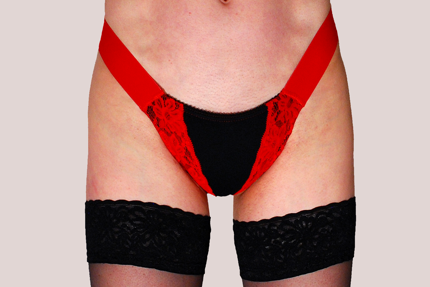 DEEP VEE TUCK THONG / RED LACE ON BLACK