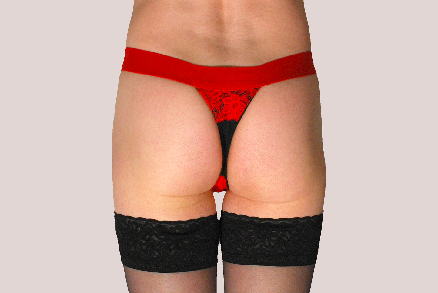DEEP VEE TUCK THONG / RED LACE ON BLACK