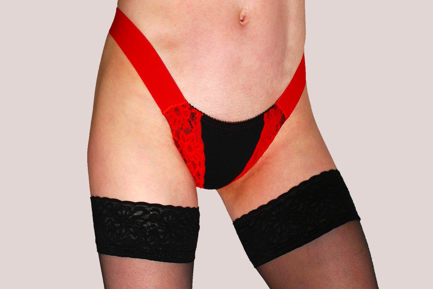 DEEP VEE TUCK THONG / RED LACE ON BLACK